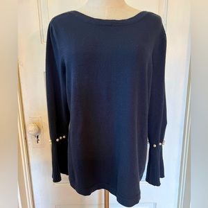 Hannah Boat Neck Navy Knit Pullover Sweater Flitter Sleeves Pearl Accents L